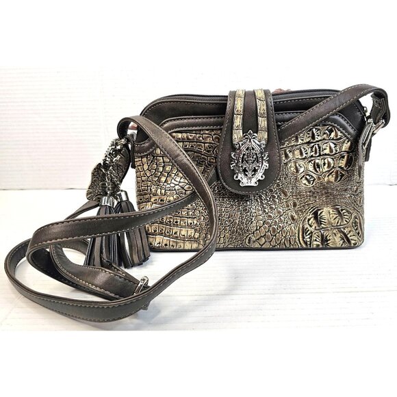 Vtg M.C. Metallic Croc Embossed Faux Leather Crossbody Bag Ornate Silver Tassel - Picture 1 of 15